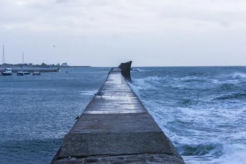 Ocean View from Blue Bench in Brittany France Stock Photos