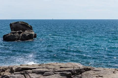 Ocean View from Blue Bench in Brittany France Stock Photos