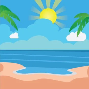 Ocean view with clouds, coconut trees, and shiny sun vector illustration Stock Illustration