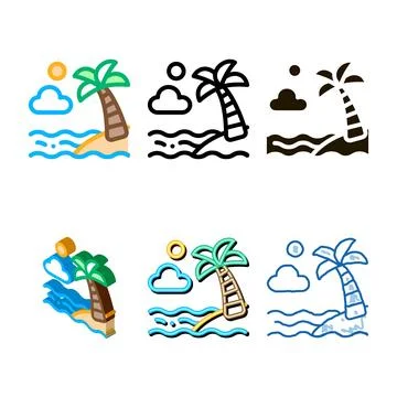Ocean view with palm icon vector outline variety Stock Illustration