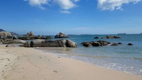Ocean view, paradise beach with huge rocks Stock Footage 122491357