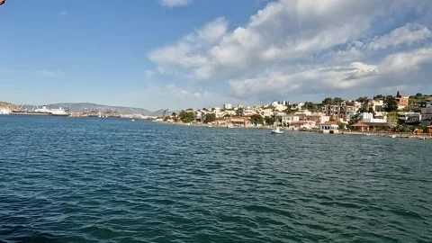 Ocean view from the Ship in Athen Greece while going to Salamina Island Stock Footage 196345350