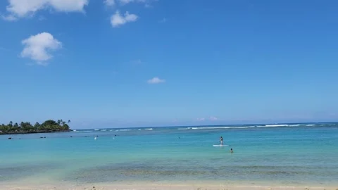 Ocean view with Stand Up Paddleboarding in background at Ala Moana Beach Stock Footage 337381975