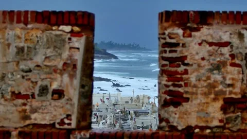 Ocean View Through a Ruined Brick Wall Structure Video stock 310649552