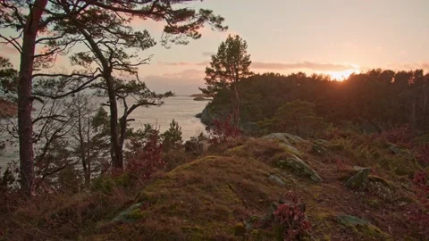 Ocean view of warm sunset from a terrace - walking towards the ocean Video stock 144134048