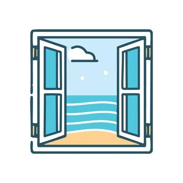 Ocean view window. Open window with ocean and beach view, symbolizing escap.. Illustrazione stock
