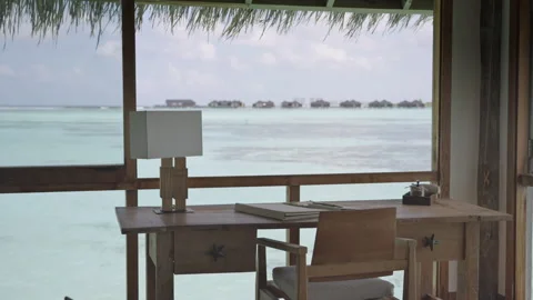 Ocean View Writing Desk Inside Villa at Gili Lankanfushi Maldives Stock Footage 341314149