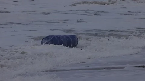 Ocean water full of foam garbage and debris on a storm day. Stock Footage 334223963