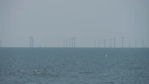 Ocean waters with lots of windmills on the horizon. Stock Footage 285693264