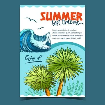 Ocean Wave, Algae Seaweed And Trees Banner Vector Stock Illustration