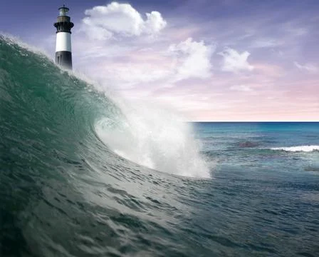 Ocean wave and lighthouse Stock Photos