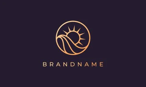 Ocean wave and sun in a circle with a gold line art style suitable for logo a Stock Illustration