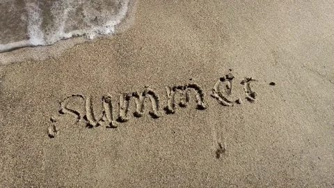Ocean wave covering summer text on sandy beach Stock Footage 329319753
