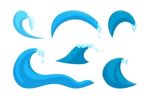 Ocean wave elements. Surfing water set with waves and splashes. Cartoon vector Stock Illustration