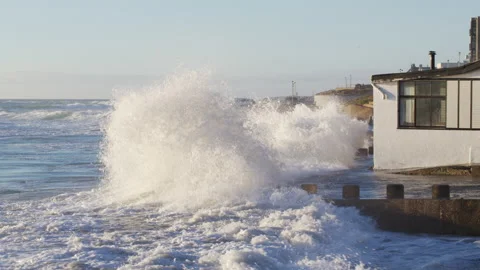 Ocean wave floods into the storm a house on the shore. Global warming problem, Stock Footage 150154652
