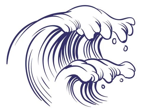 Ocean wave in hand drawn style. Blue pen ink sketch Stock Illustration