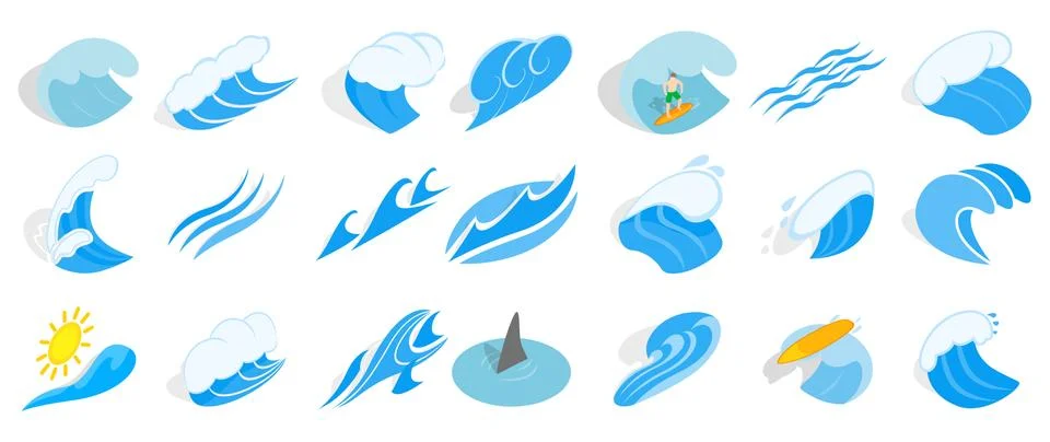 Ocean wave icon set, isometric style Illustrazione stock