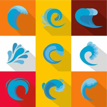 Ocean wave icons set, flat style Stock Illustration