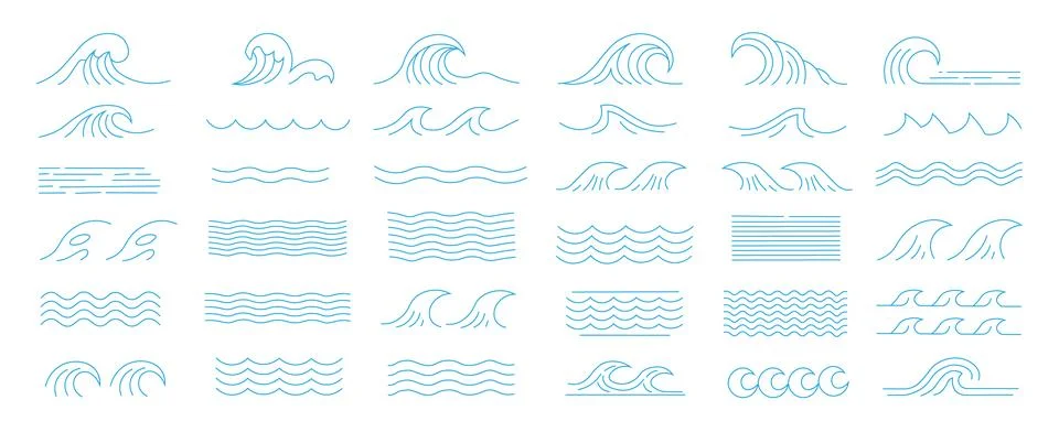 Ocean Wave Line Art Vector Set – Water Waves, Sea Lines, and Surf Elements Stock Illustration