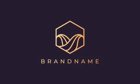 Ocean wave logo with hexagon base shape and line art style and in gold Stock Illustration