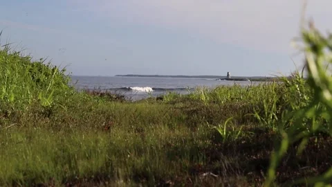 Ocean wave, old lighthouse and fresh field Video stock 160582831