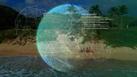 Ocean wave rolling onto sunlit beach brightening digital globe as code blocks Stock Footage 313093966