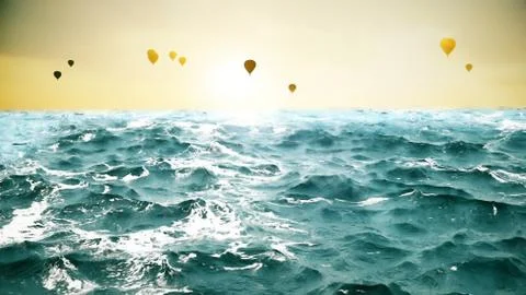 Ocean waves with air balloons on the background. Stock Illustration