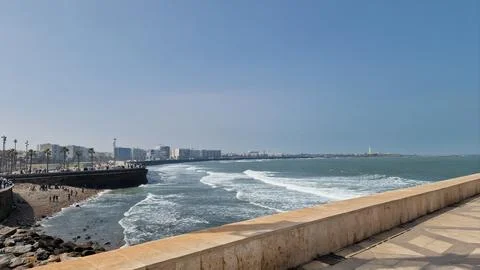Ocean Waves Along a Seafront Promenade and Coastal City Casablanca, Morocco Stock Photos