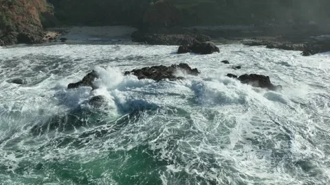 Ocean Waves and Coastal Rock Texture Aerial View Stock Footage 340122455