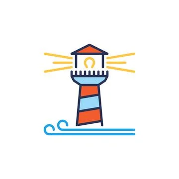 Ocean waves and Lighthouse vector concept colored icon or sign Stock Illustration