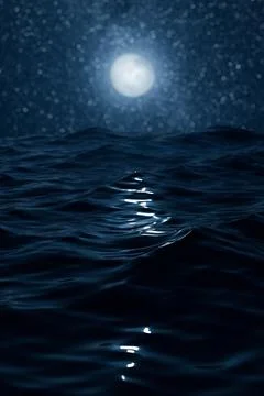 Ocean waves and moon and stars at night. Shallow depth of field. Mysterious,  Illustrazione stock