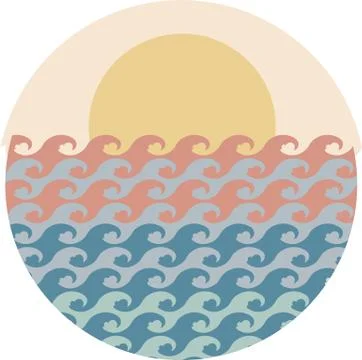 Ocean waves and sunset round vector illustration Stock Illustration