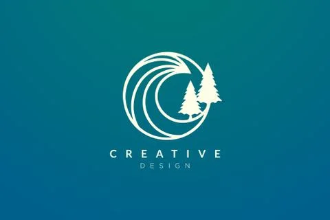 Ocean waves and trees in a circle. Minimalistic and simple vector design Stock Illustration