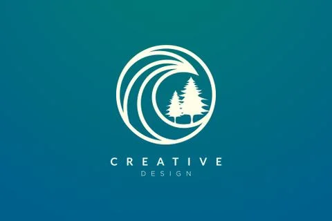 Ocean waves and trees in a circle. Minimalistic and simple vector design Stock Illustration