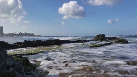 Ocean Waves at Beach, Gimbal Pan Shot, San Juan Puerto Rico Stock Footage 146559346