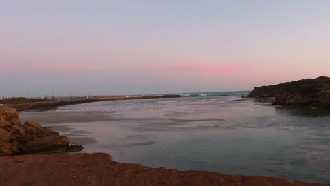 Ocean, waves, birds and the cliff during sun set Stock Footage 292498067