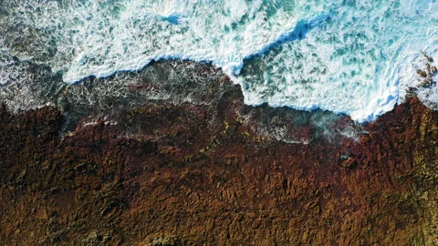 Ocean waves break on dark rocky volcanic pristine beach. Sea foam. Shallow salty Stock Footage 230051148