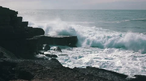 Ocean Waves Breaking on Rock Ericeira Stock Footage 59709276