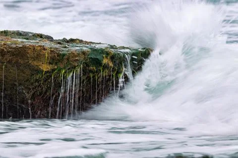 Ocean waves breaking on rocks covered with seaweed Stockfoto's