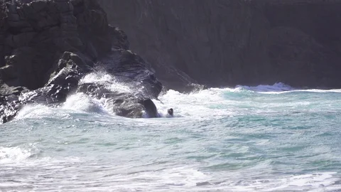 Ocean waves breaking on the rocky coast Stock Footage 85817592