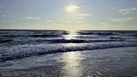 Ocean Waves Breaking on Sandy Beach near Billund, Denmark, in Summer Stock Footage 335540241