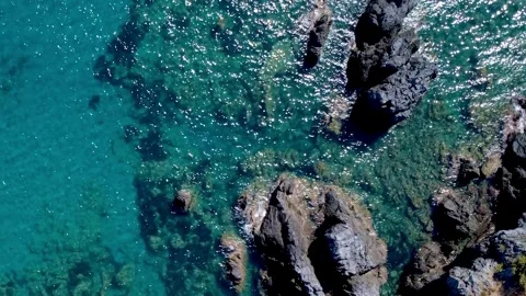 Ocean Waves Crash on Rocks as Sunlight Dances on Clear Water Near the Shore Stock Footage 322937596