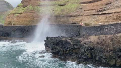 Ocean Waves Crashing Against Cliffs in Madeira Portugal Stock Footage 339775717