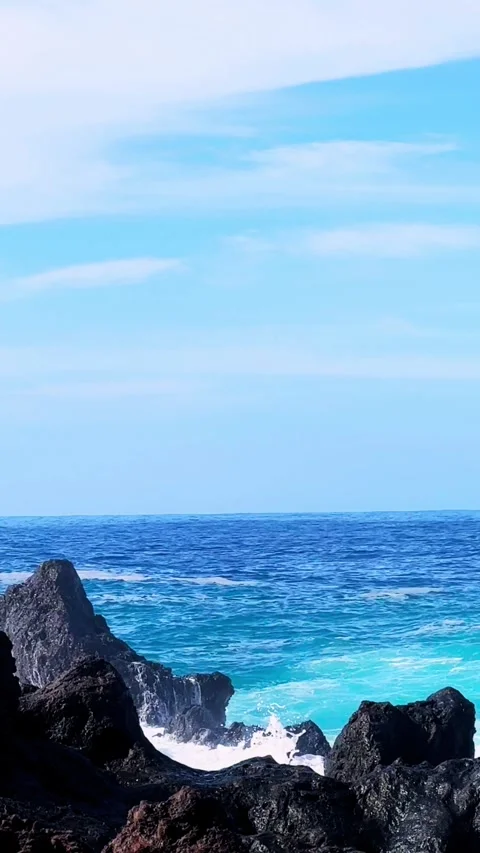 Ocean waves crashing on black rocks in sunny day Stock Footage 320964644