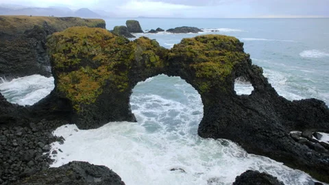 Ocean Waves Crashing on Black Volcanic Cliff Coast Unusual Shore in West Iceland Stock Footage 230998631