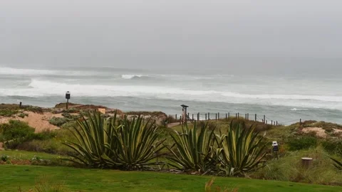 Ocean waves crashing on a cloudy gray day with copy space Stock Footage 307852408
