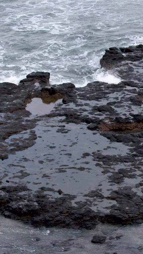 Ocean Waves Crashing Over Basalt Rock Tide Pools in Australia Stock Footage 345014759