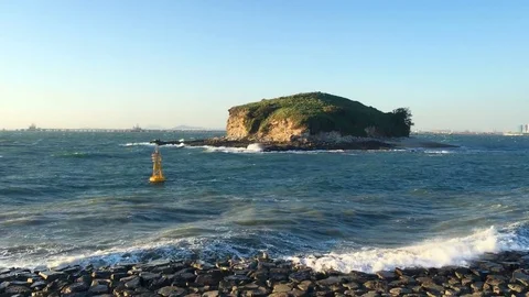 Ocean waves crashing on the rocks of Incheon, Seoul Korea Stock Footage 80558907