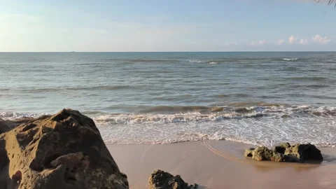 Ocean Waves Crashing on Rocky Sandy Beach Shoreline Stock Footage 340489580