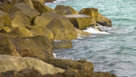 Ocean waves crashing at stone in slow motion Video stock 79900787